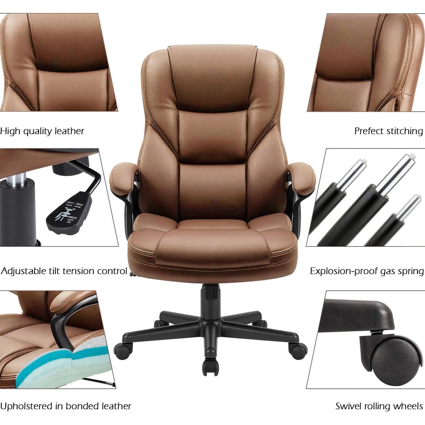 Furmax Office Executive Chair High Back Adjustable Managerial Home Desk Chair, Swivel Computer PU Leather Chair with Lumbar Support (1, Light Brown)