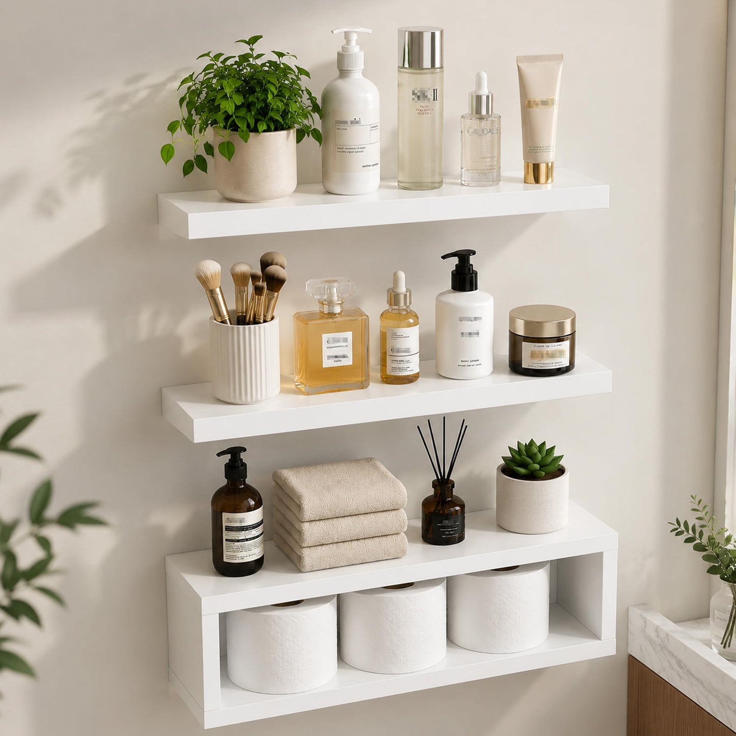 RANK Bathroom Shelves Over Toilet - Wall Mounted Floating Shelves Toilet Paper Storage Small White Decor Shelf 16 inch Set of 3