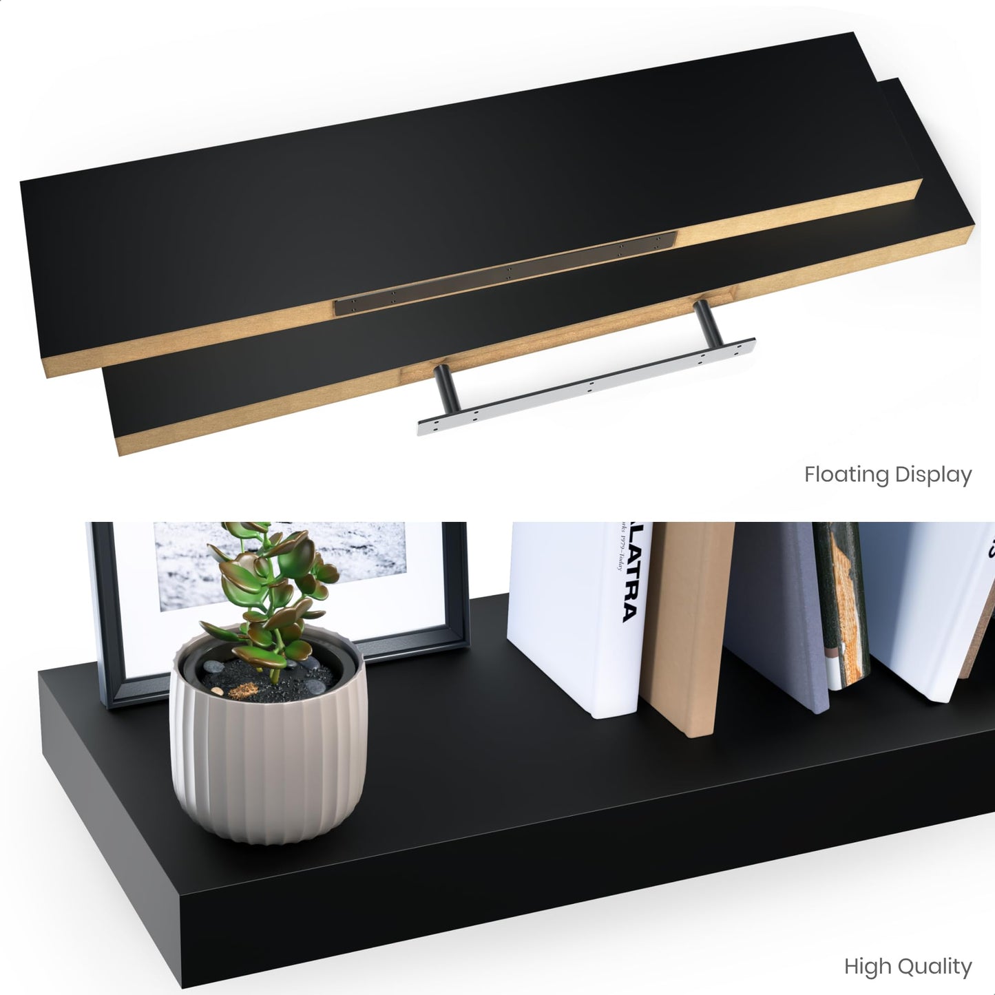 Ballucci Floating Shelves for Wall, 36" Wood Wall Shelf Set of 2, with Invisible Brackets for Bathroom, Living Room, Bedroom, Kitchen, Nursery, 8" Deep, Black