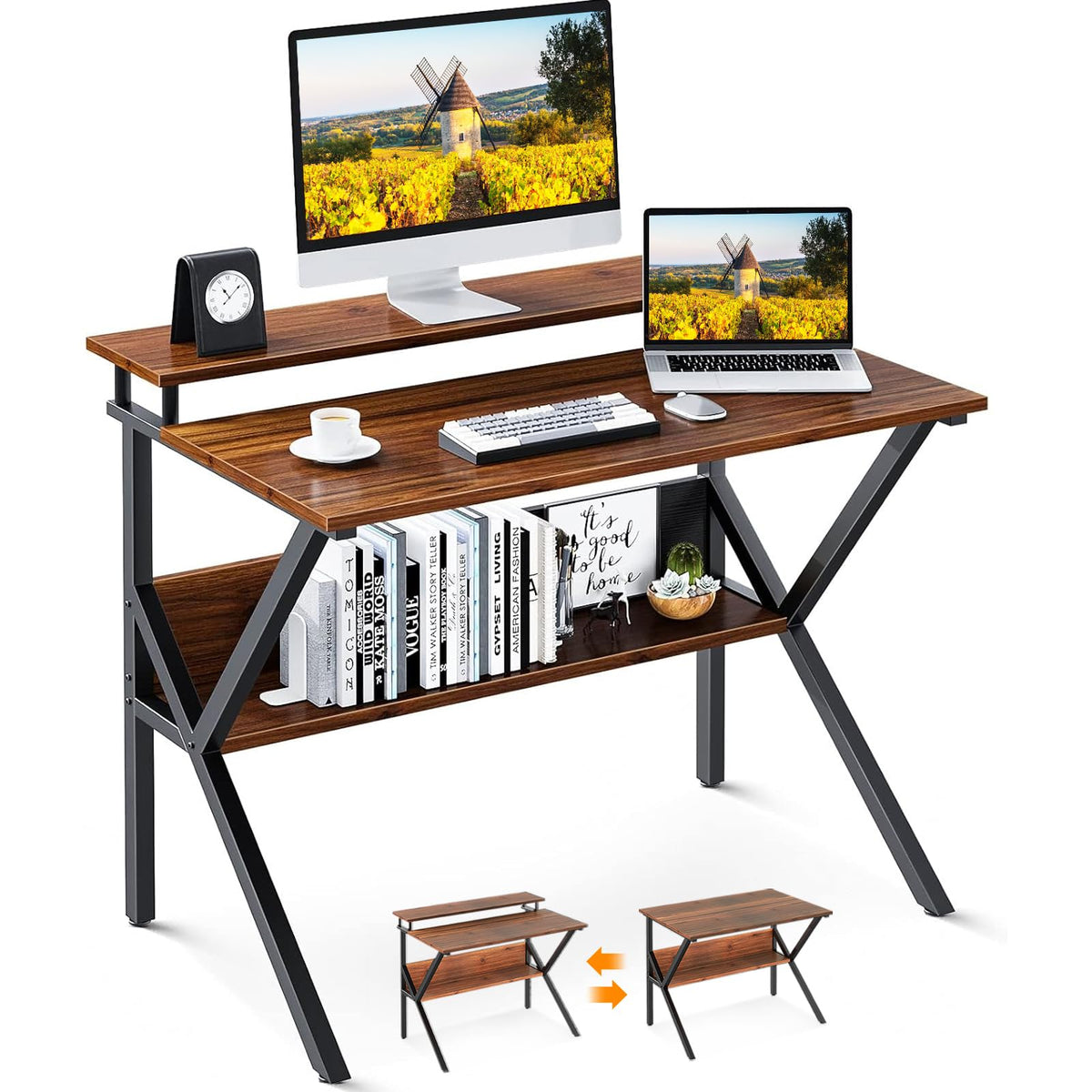 ODK Small Desk, 27.5 Inch Computer Desk for Small Spaces, Study Desk with Storage & Monitor Stand, Deep Brown