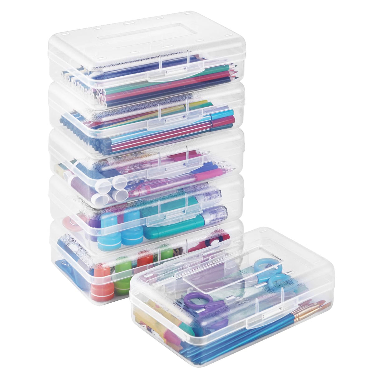 Sooez Plastic Pencil Case Box 6 Pack, Large Crayon Maker Pen Organizer, Plastic Containers with Snap Lids, Stackable Craft Storage Boxes Bulk, School Supplies Art Box for Bead, Clear