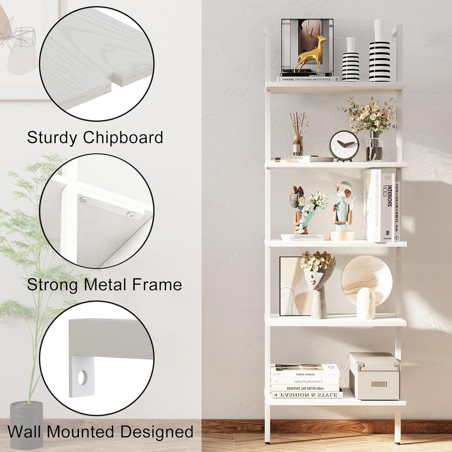 aboxoo Ladder Shelf White Wooden Bookshelf 5-Tier Wall-Mounted Open Wood Rack Industrial Modern Plant Flower Stand Utility Organizer Bookcase Metal Frame Furniture Office Kitchen Bedroom
