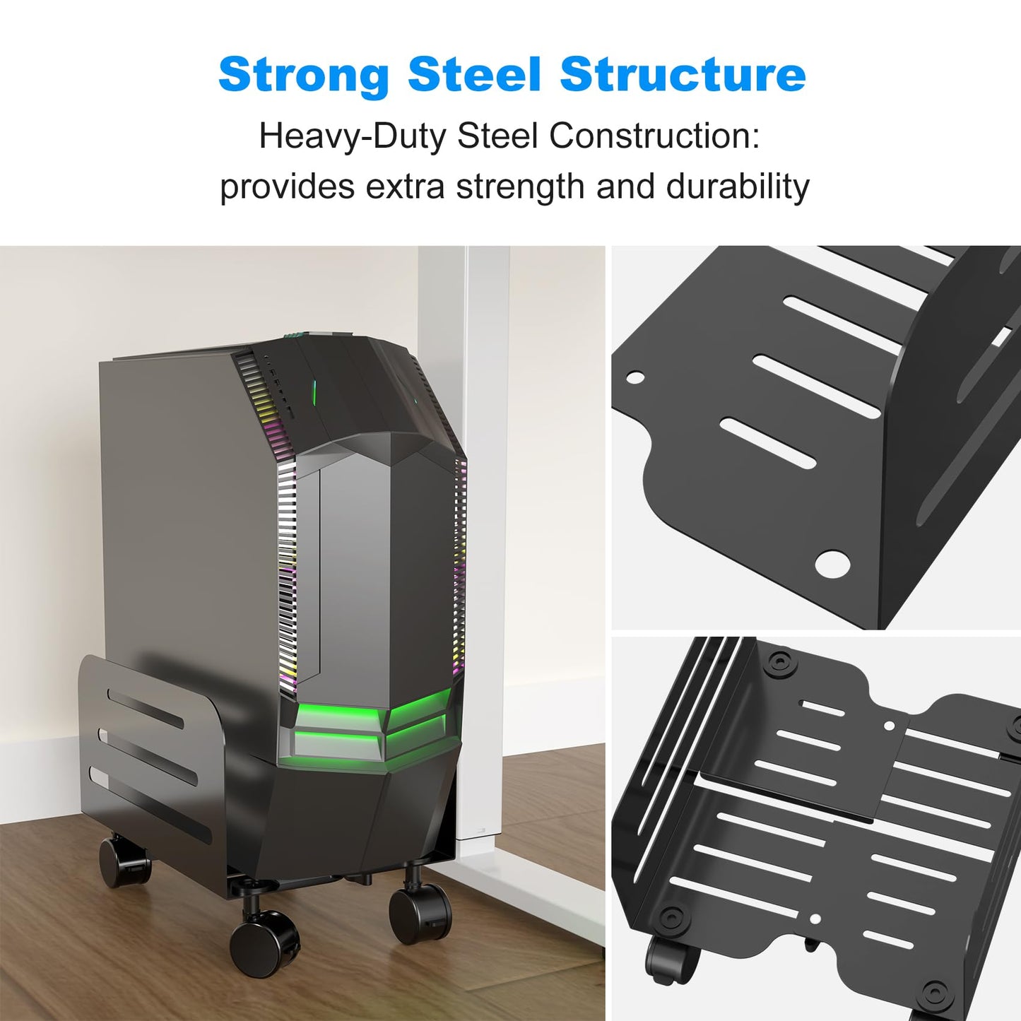 suptek Computer Tower Stand,Mobile CPU Rolling Stand, 5.5 to 9.8 inch Wide Adjustable Mobile Cart Holder with Locking Caster Wheels,Gaming PC Holder,Steel Rolling Cart,Black(ZJJ005)