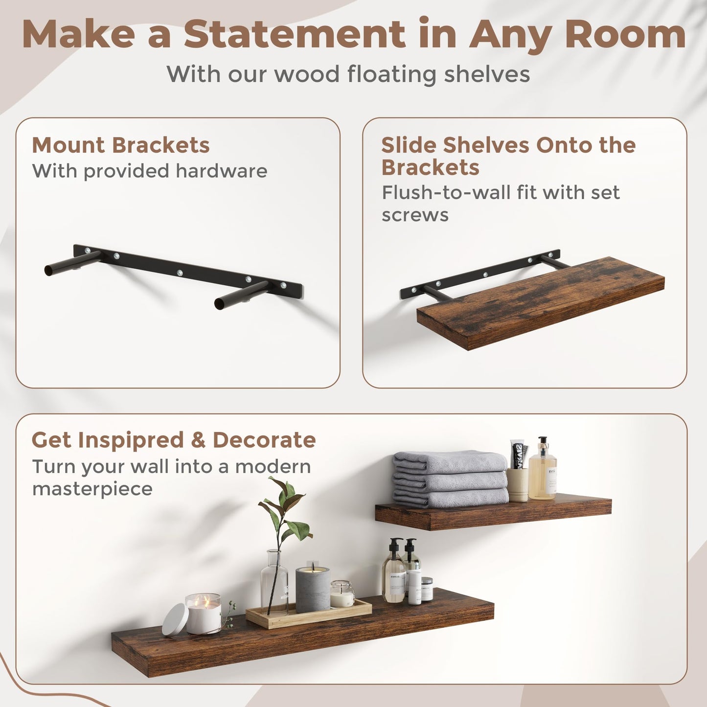 32 Inch Floating Shelves for Wall Set of 2, 8"D Wood Grain Bathroom Shelves with Invisible Brackets, Easy Install Engineered Wood Storage Shelves for Kitchen, Living Room, Bedroom, Rustic Brown Finish