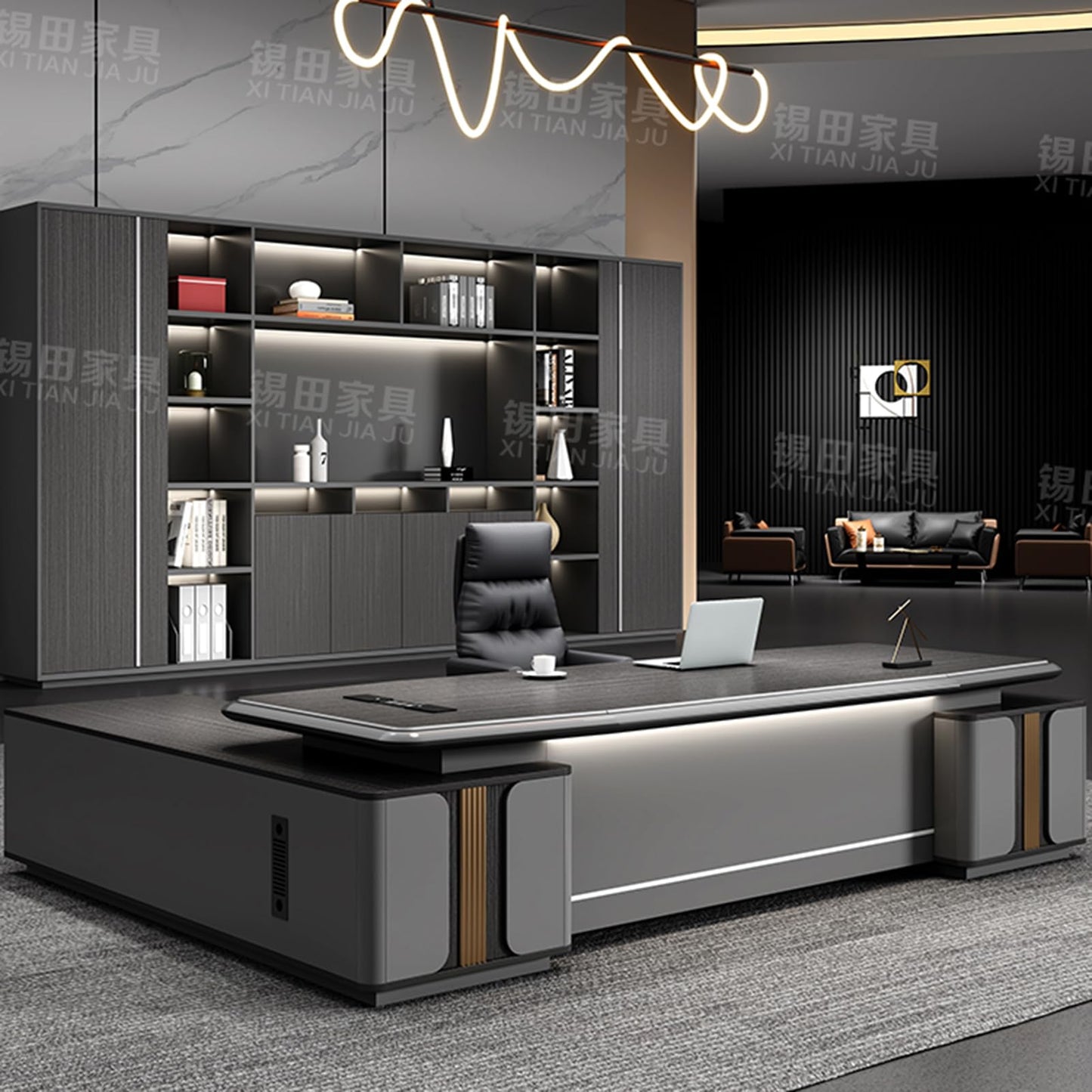 LSIGHTUS Modern Executive Office Desk with Storage Cabinet, Extra Large Wood Reception Desk with File Drawers, Writing Study Table Business Furniture Set Workstation for CEO Boss Manager