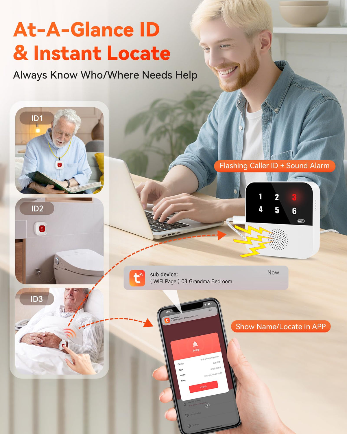 PILSAMAS WiFi Caregiver System - 2 Smart HUBs with Flashing Caller ID & APP Alert, 2 Waterproof Wristband + 2 Call Buttons, No Monthly Fee, Medical Alert Systems for Seniors at Home & Nursing Homes