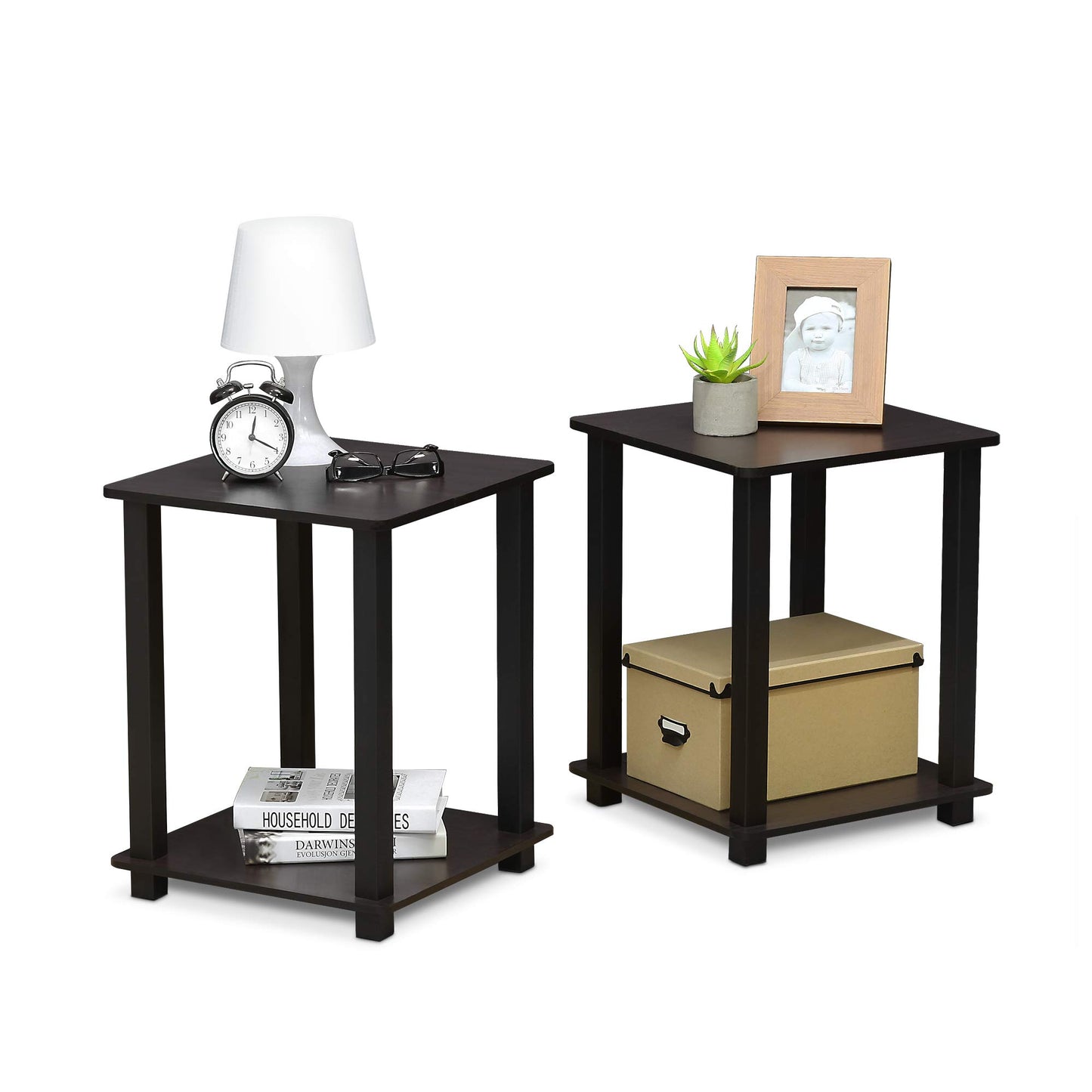 Furinno SIMPLISTIC Side Table Set of 2, 2-Tier Square Modern End Table, Nightstand, Night Stand, Bedside Table, Toolless Assembly, for Living Room, Bedroom, Dark Walnut