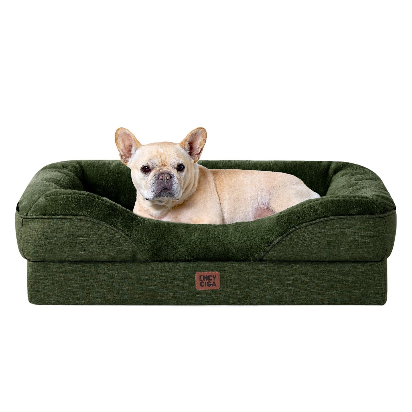 EHEYCIGA Orthopedic Dog Bed for Medium Dog, 30x20 Inch Memory Foam Dog Couch Bed with Sides, Waterproof Liner & Washable Removable Cover, Bolster Pet Sofa, Dark Green