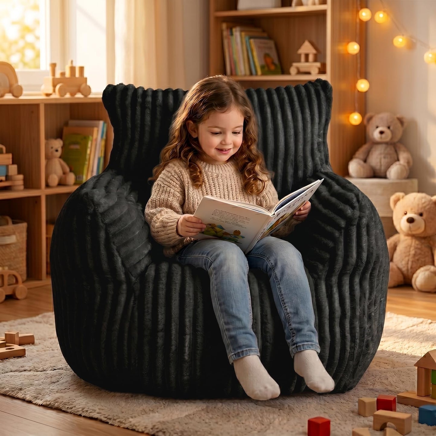 MaxiBean Bean Bag Chair - Plush Faux Fur Floor Seating Furniture Bean Bag Chair for Living Room, Bedroom, Playroom (2.5FT Stripe Black)
