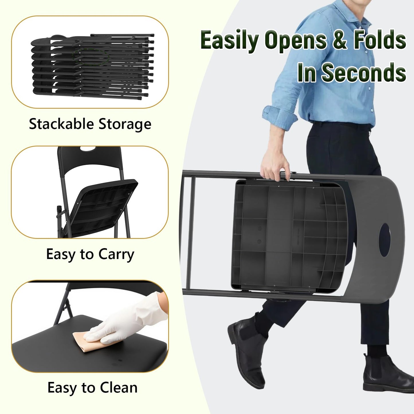 MAKE CHANGES Black Folding Chairs 6 Pack, Outdoor Portable Plastic Foldable Chairs with Metal Frame, 350lbs Capacity Heavy Duty Folding Chairs for Patio, Picnic, Kitchen, Dining, Party