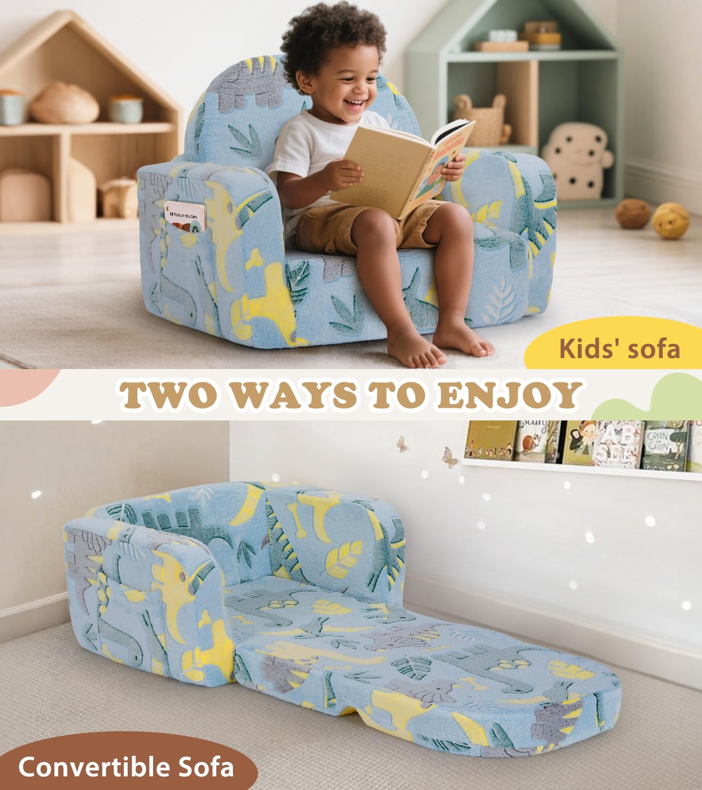 Kids Couch, 2-in-1 Soft Toddler Couch Fold Out with Blanket and Cloud Pillow, Glow in The Dark, Toddler Chair Comfy, Convertible Sofa, Gifts for Kids Girl Boys, Medium Dinosaur