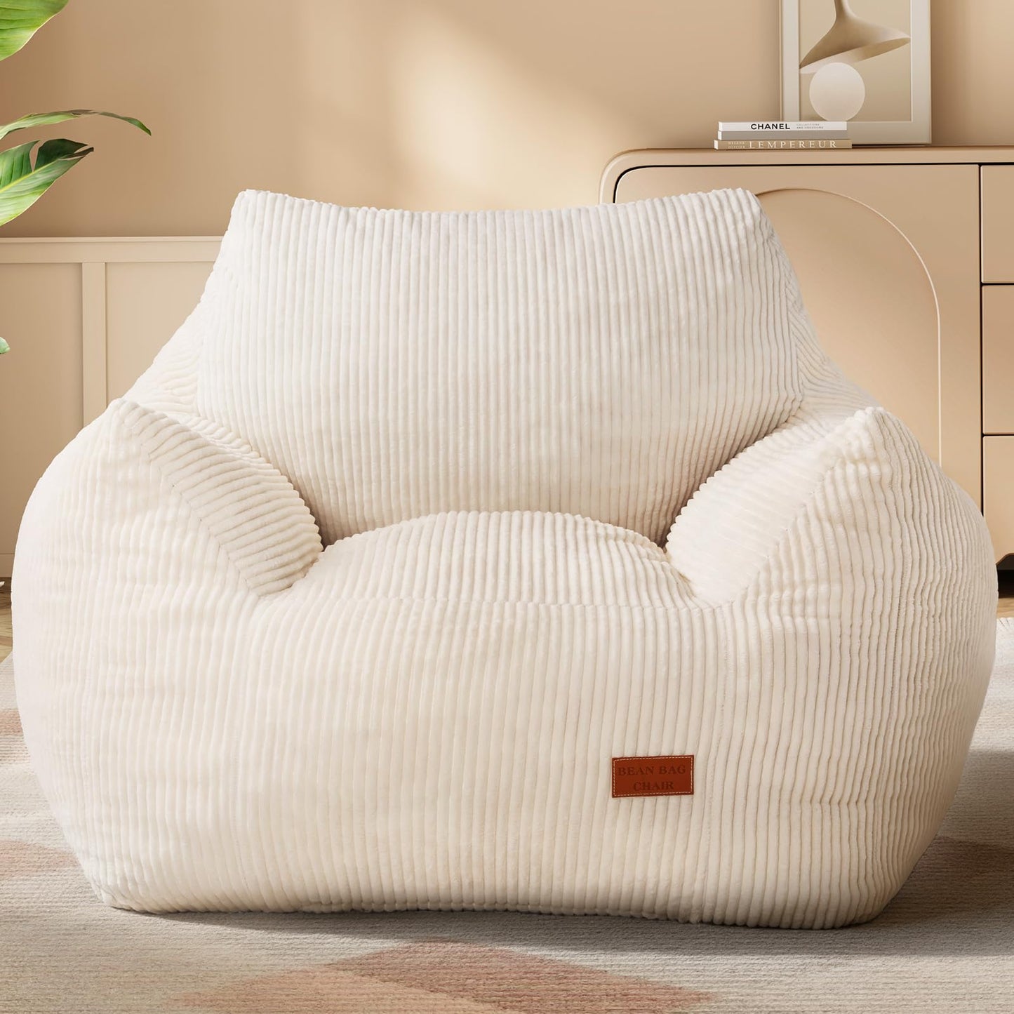 Vellorise Big Bean Bag Chair for Adults, Ultra Soft Living Room Bean Bag with Armrests, Stuffed BeanBag Chair for Napping, Gaming, Vacuum-Compressed for Easy Gifting, 48 Hours to Fluffs Up, Beige