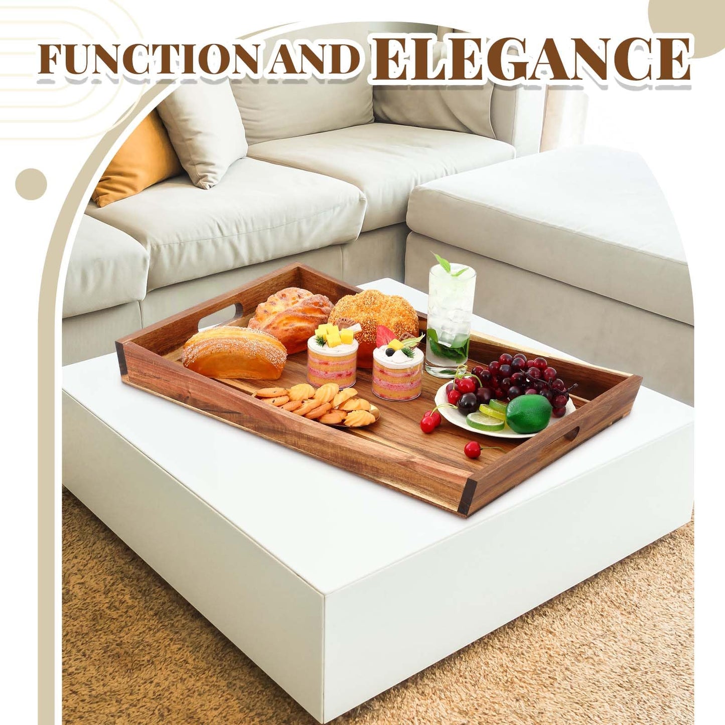 Teenyyou 24 x 16 Inches Large Ottoman Tray Wood Curved Serving Tray with Handles Rectangle Curved Classic Wooden Decorative Serving Platters for Tea Kitchen Food Beverage Fruit Snack