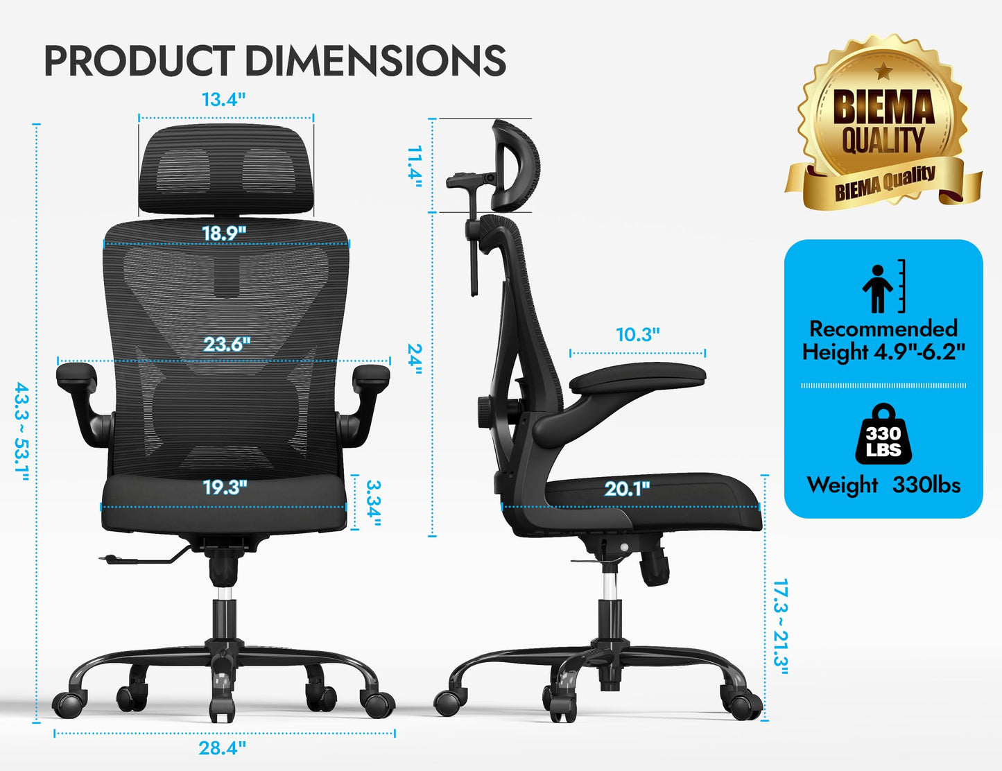 Black Ergonomic Office Chair - Mesh Desk Chair with Adjustable Lumbar Support High Back Computer Gaming Chairs - Big and Tall Office Chairs Adults, Comfortable for Long Hours