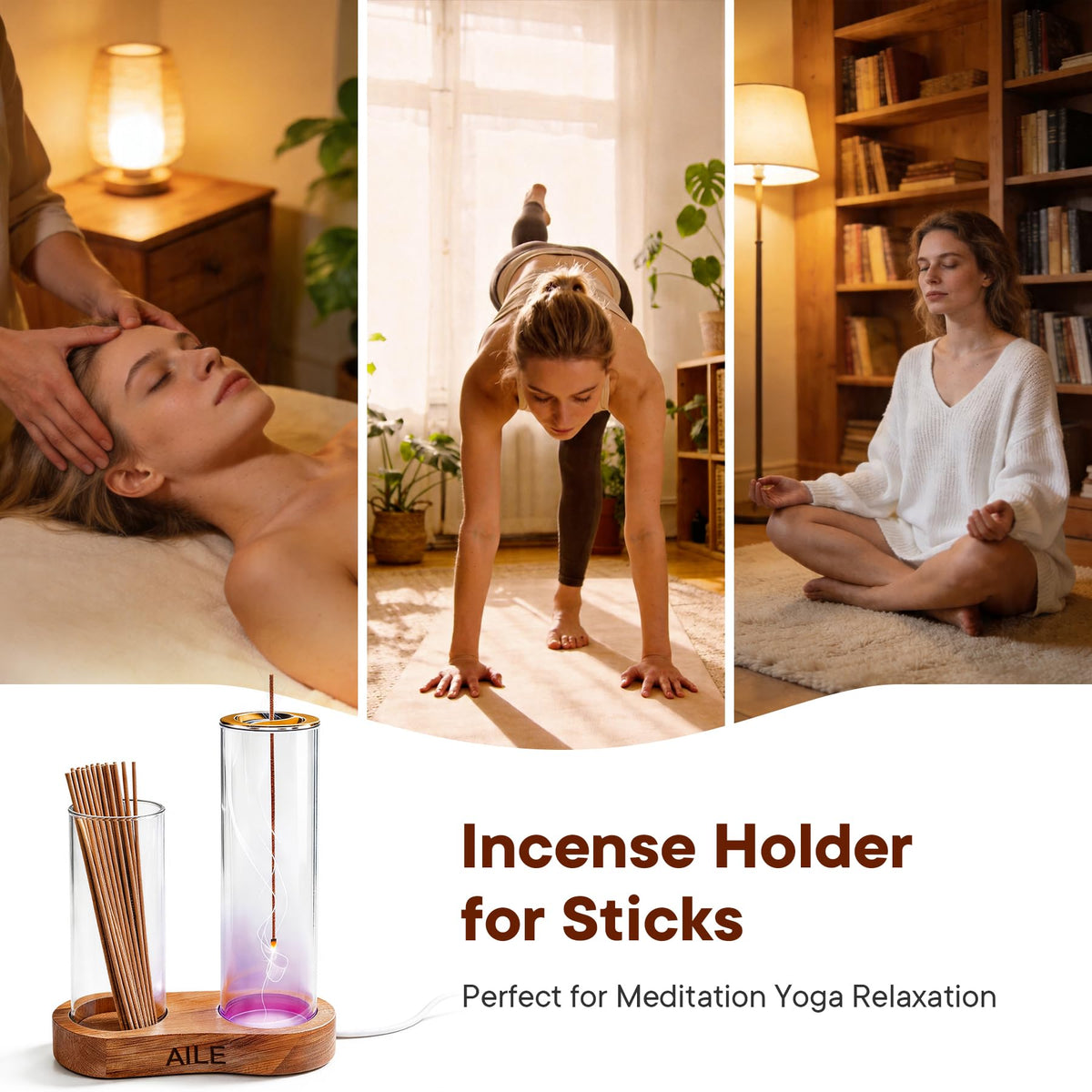2 in 1 Incense Holder for Sticks, Glass LED Glowing Incense Burner Holder with Ash Catcher & Incense Sticks Organizer for Meditation Yoga Spa Home Decor
