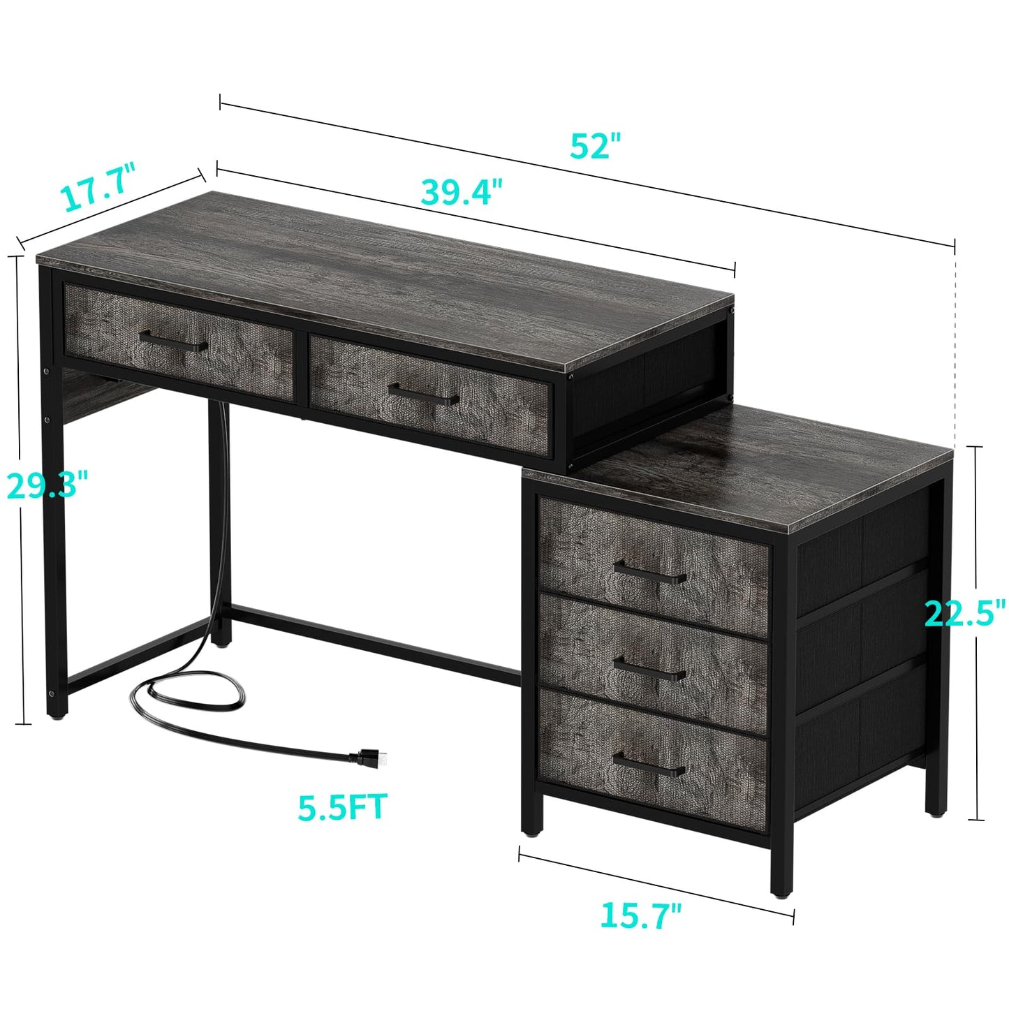 Unikito Computer Desk with 5 Drawers, Reversible Home Office Desk with Power Outlets, Sturdy Writing Desk with File Cabinet and Printer Stand, Vanity Desk with Storage for Small Space, Black Oak