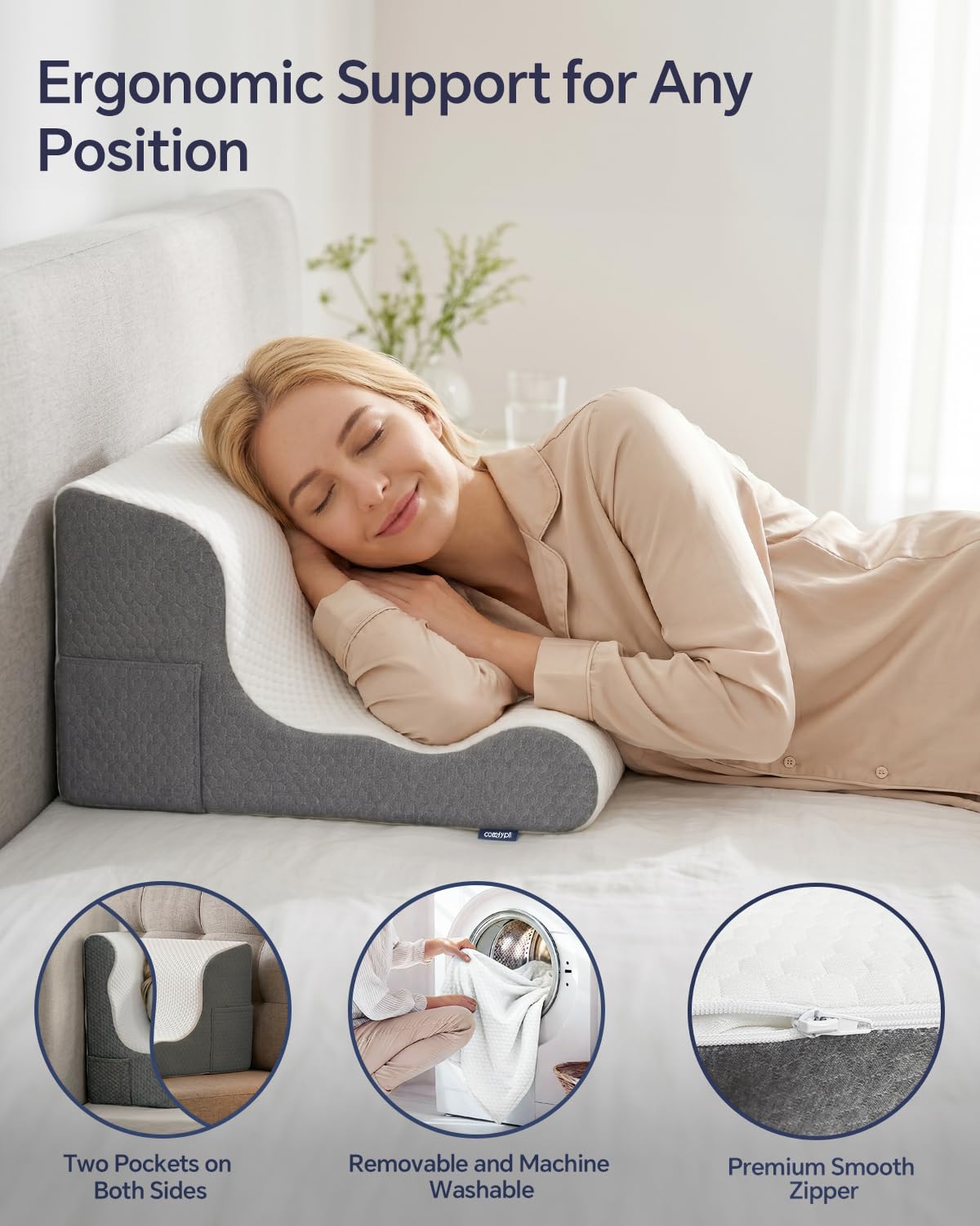 COMFYPIL Bed Wedge Pillow for Headboard, Orthopedic Memory Foam Wedge Pillow with for After Surgery, Acid Reflux Relief, Sleeping, Neck & Back Pain Relief, Wedge Pillows for Bed Sitting Up, White&Grey