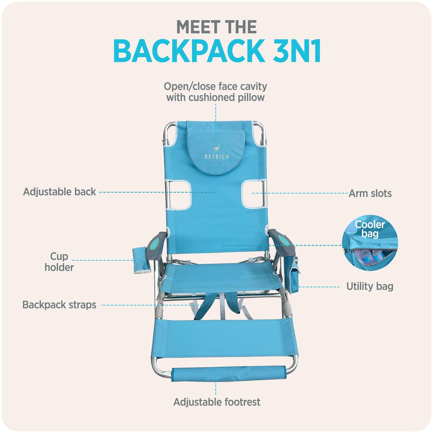 Ostrich the Backpack 3N1 Portable Chair with Cooler Bag and Reclining Lounger for Tanning, Camping, Beach, and Outdoor Essential, Light Blue