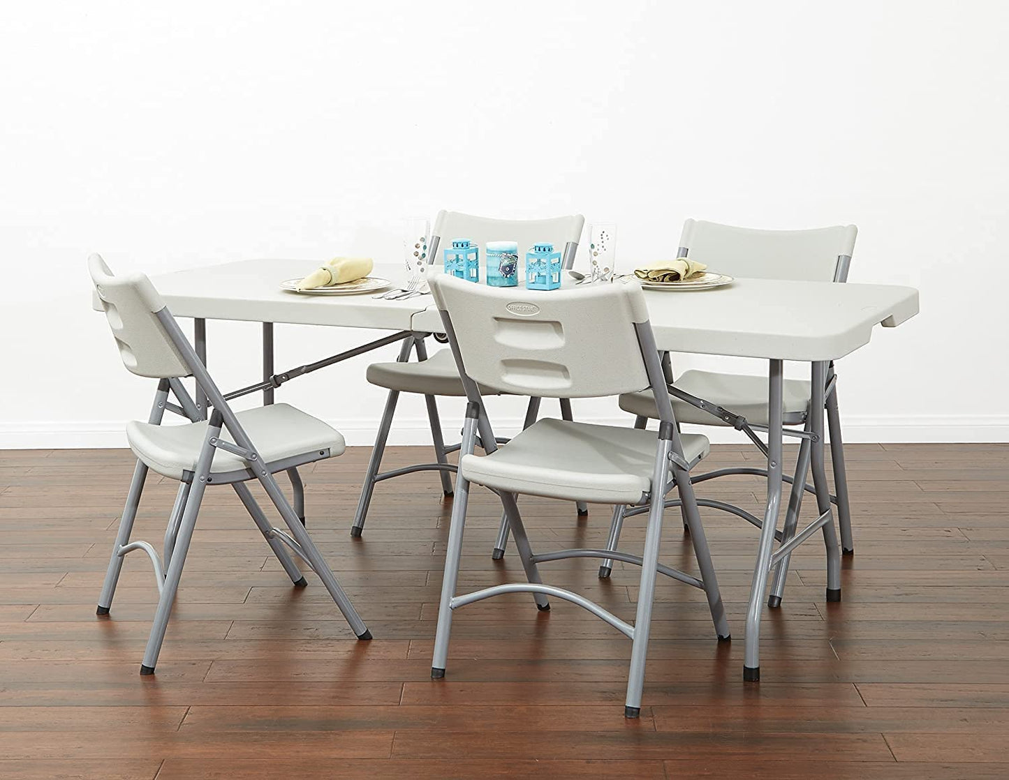 Office Star Resin Multipurpose Rectangle Table, 6-Feet, Center Folding with Wheels, Light Gray