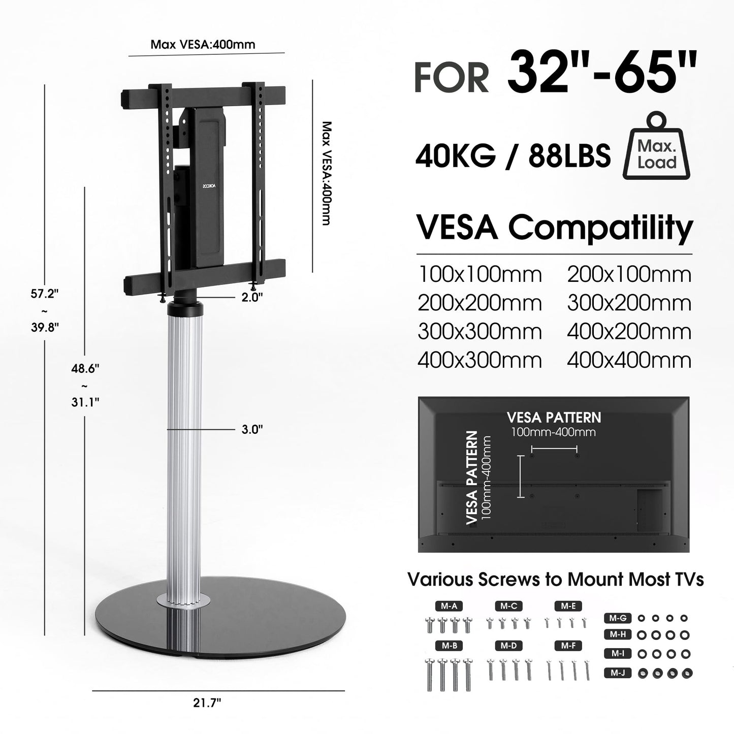 AOKCOS Aluminum Grille Floor TV Stand for 32-65 inch TVs up to 88lbs, Swivel and Tilt TV Mount with Glass Base, Height Adjustable TV Stand for Living Room Bedroom
