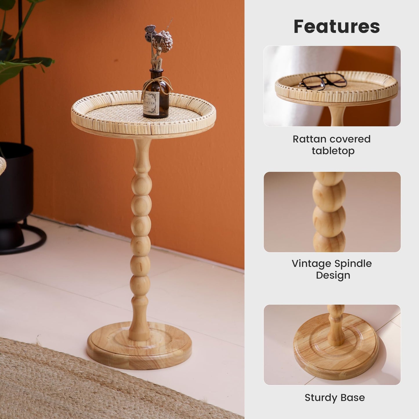 HuiDao Drink Table，Rattan Round Small Side Table for Small Spaces, Boho Circle End Table Coffee Table with Solid Wood Leg for Living Room, Pedestal Table for Bedroom, Corners