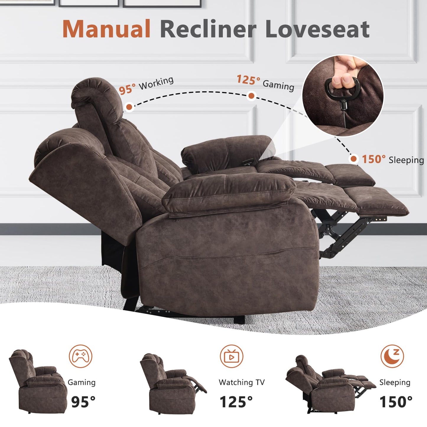 AHMED Loveseat Recliner Sofa with Console, Manual Reclining Loveseat RV Couch with Cup Holders/Side Pocket/Padded Armrest Cushion for Living Room, Velvet, Brown