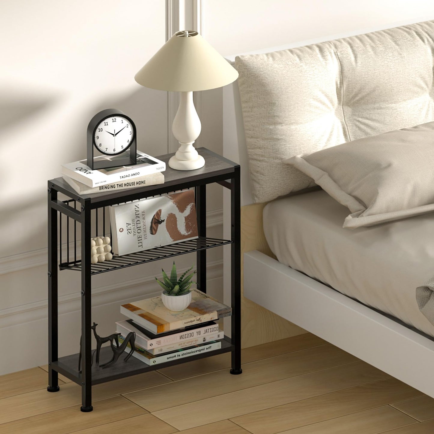 Lifenite Side Table for Small Spaces, Narrow End Table with Magazine Holder, 2 in 1 Design Slim Side Table, Skinny Nightstand for Living Room Bedroom, Thin Side Magazine Table, Grey