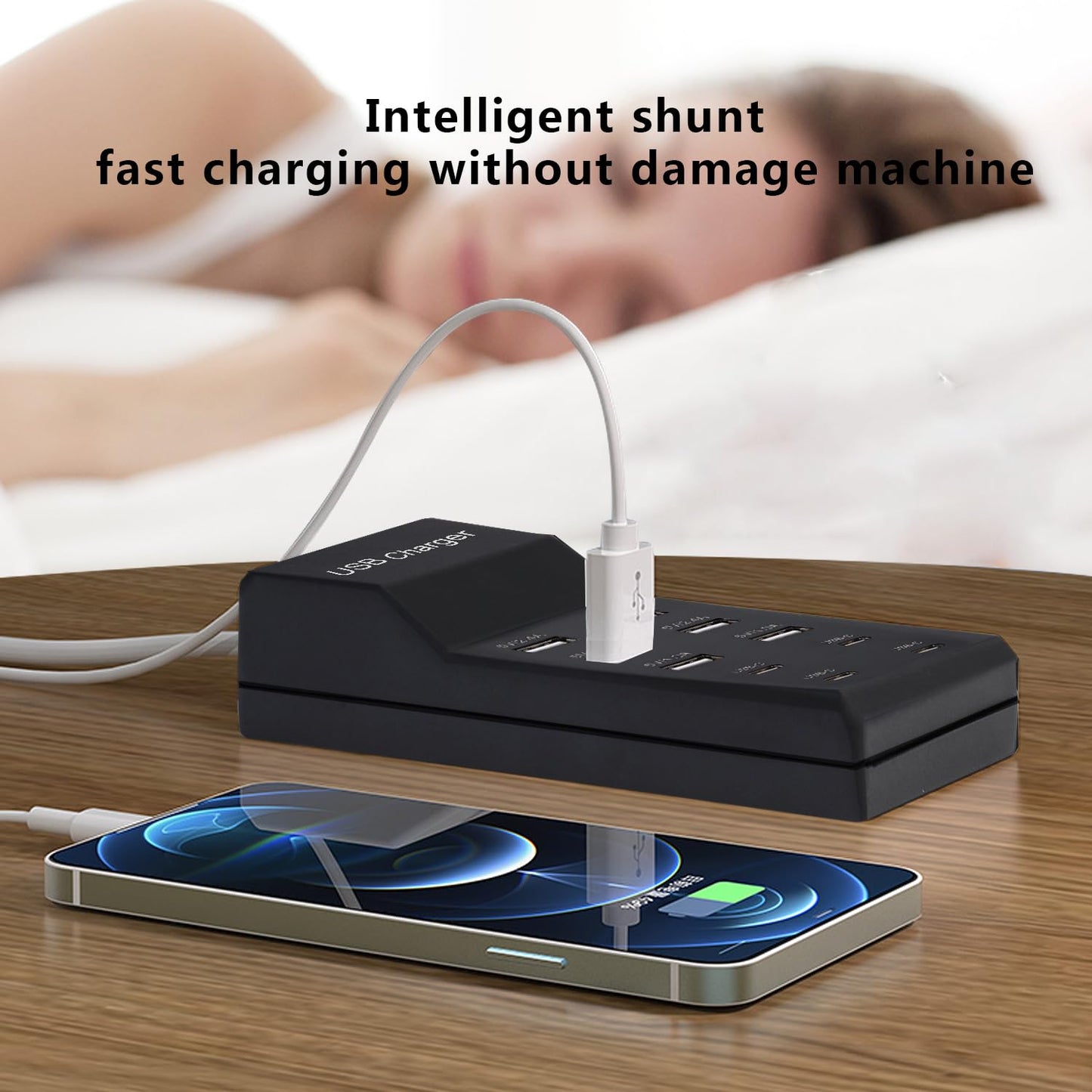 Wyssay USB Charger,50W USB Charging Station with 10-Port (6 USB-A Port & 4 USB-C Port) Compatible with iPhone 15/14/13/12/11/X/8/7/6 Phones, Watch,Tablets, Smartphones Black