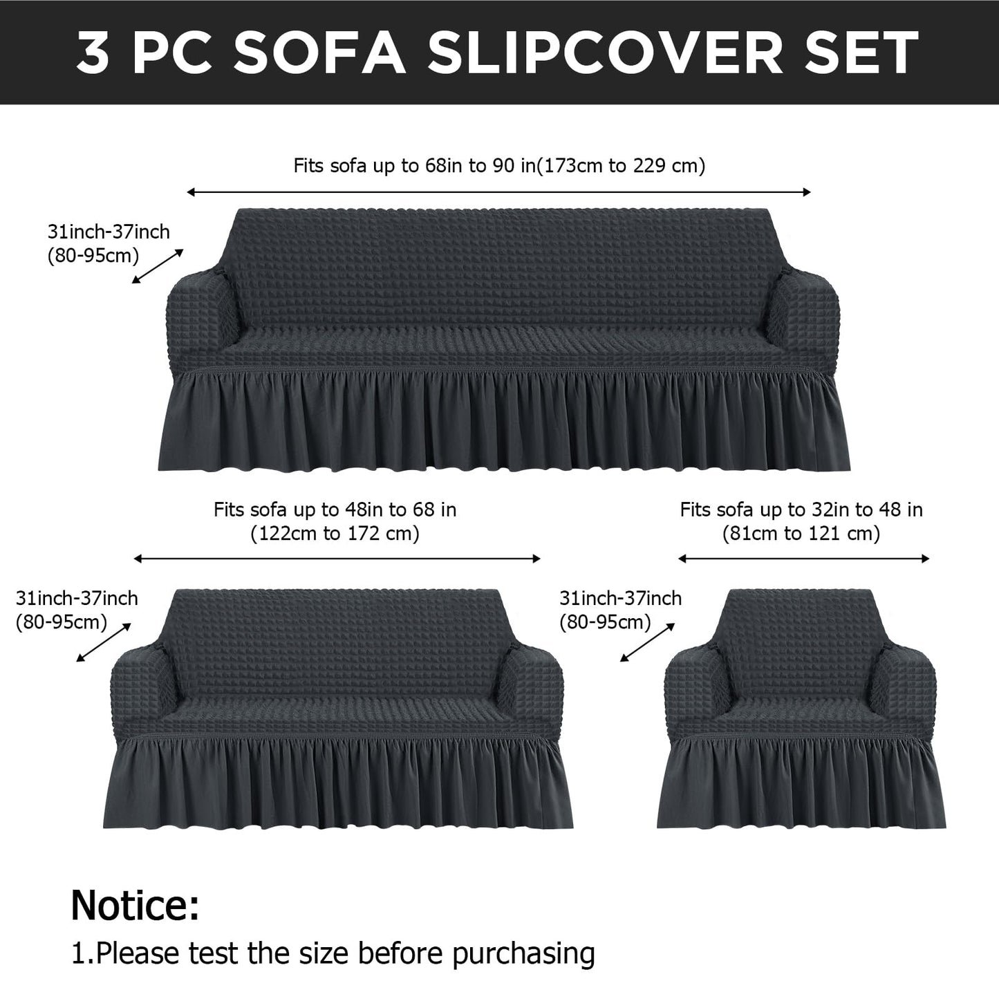 Fanfanwin 3 Pcs Sofa Slipcover Set for Couch Cushion Durable Washable High Elastic Stretchable Furniture Couch Covers with Skirt for Sofa Loveseat Arm Chair(Dark Gray,Seersucker)