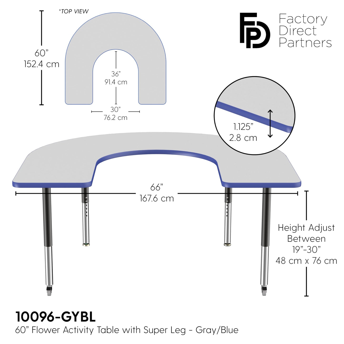 FDP Mobile Horseshoe Activity School and Office Table (60 x 66 inch), Super Legs with Glides and Casters for Collaborative Environments, Adjustable Height 19-30 inches - Gray Top and Blue Edge