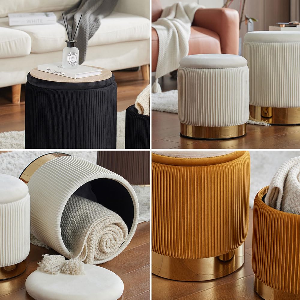 2BYF Round Ottoman with Storage Set of 2 Upholstered Velvet Vanity Stool Small Ottoman Coffee Table, Foot Stool, Removable Lid, for Living Room, Bedroom, Hallway, Easy Assembly (Gray)