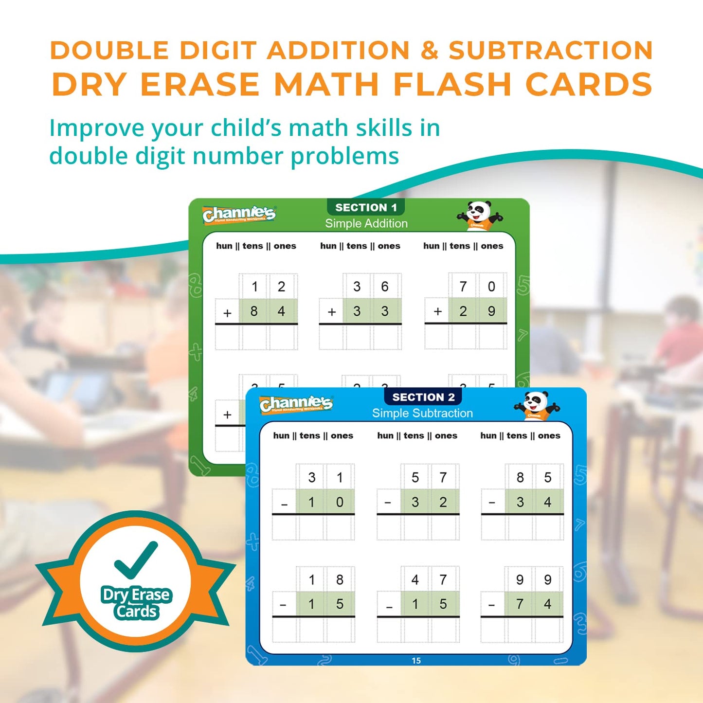Channie’s Double Digit Addition and Subtraction Flash Cards, 30 Dry Erase Educational Math Flash Cards for Kids, Ideal for 1st to 3rd Grade, Level 2 Color-Coded Cards, 360 Two-Digit Problems