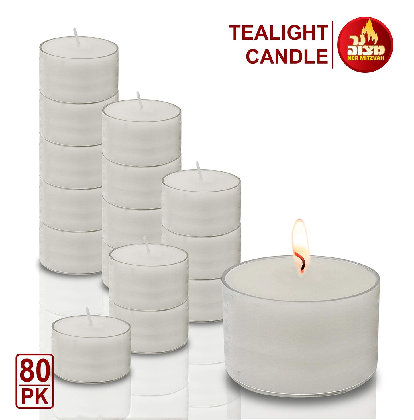 Ner Mitzvah Long Lasting Tealight Candles - 6 Hours - White in Clear Cups - Unscented - 80 Pack - Made in EU