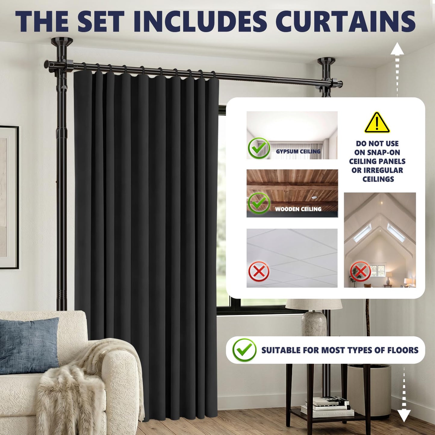 GONNRLY Room Divider Curtains, No Drill Privacy Curtain Set with Retractable Rod, Tool-Free Blackout Room Divider for Bedroom Black-100 W x 84" L(Pack of 1)