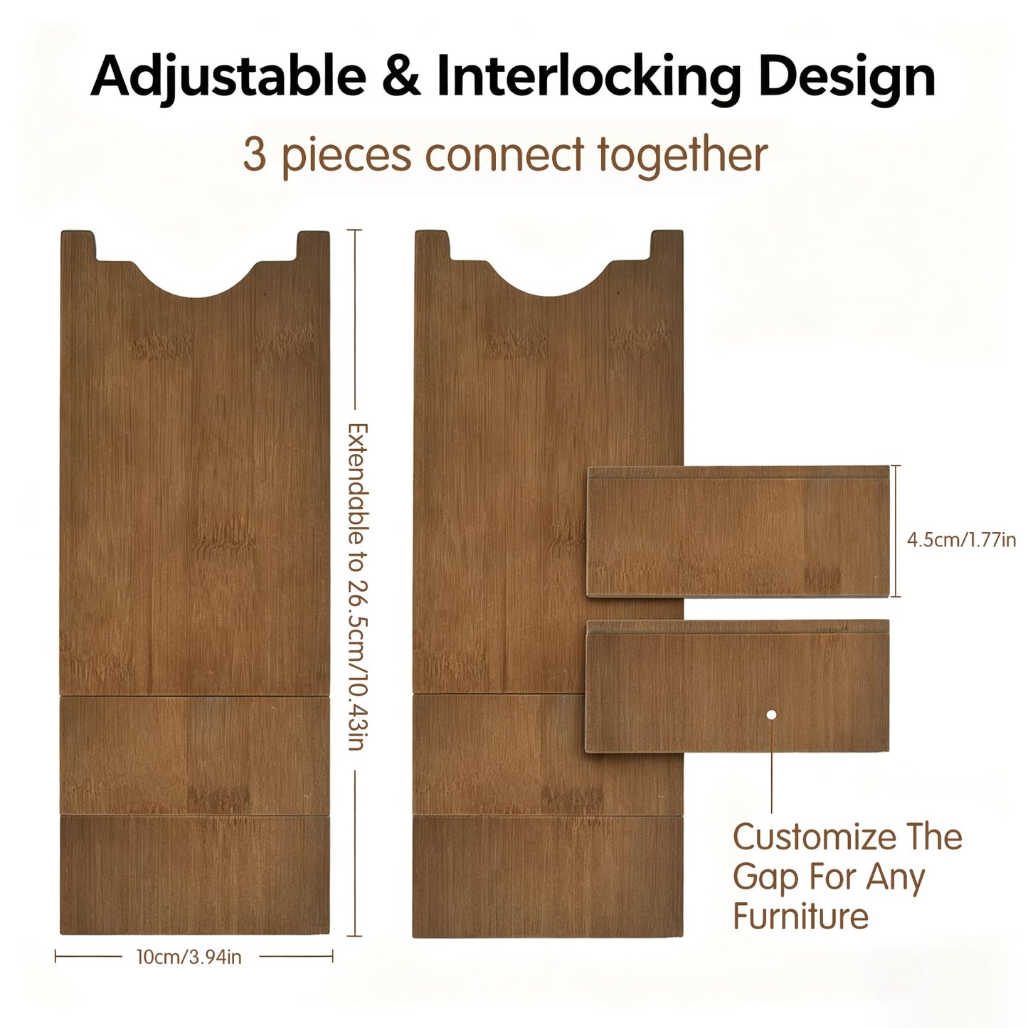 Couch Wall Spacer ，Brown Bamboo Wall Protector from Furniture，Adjustable Wood Guards for Outlets and Curtains, Anti-Scratch Couch Stoppers for Sofa, Bed, 2 Sets 6 Pieces