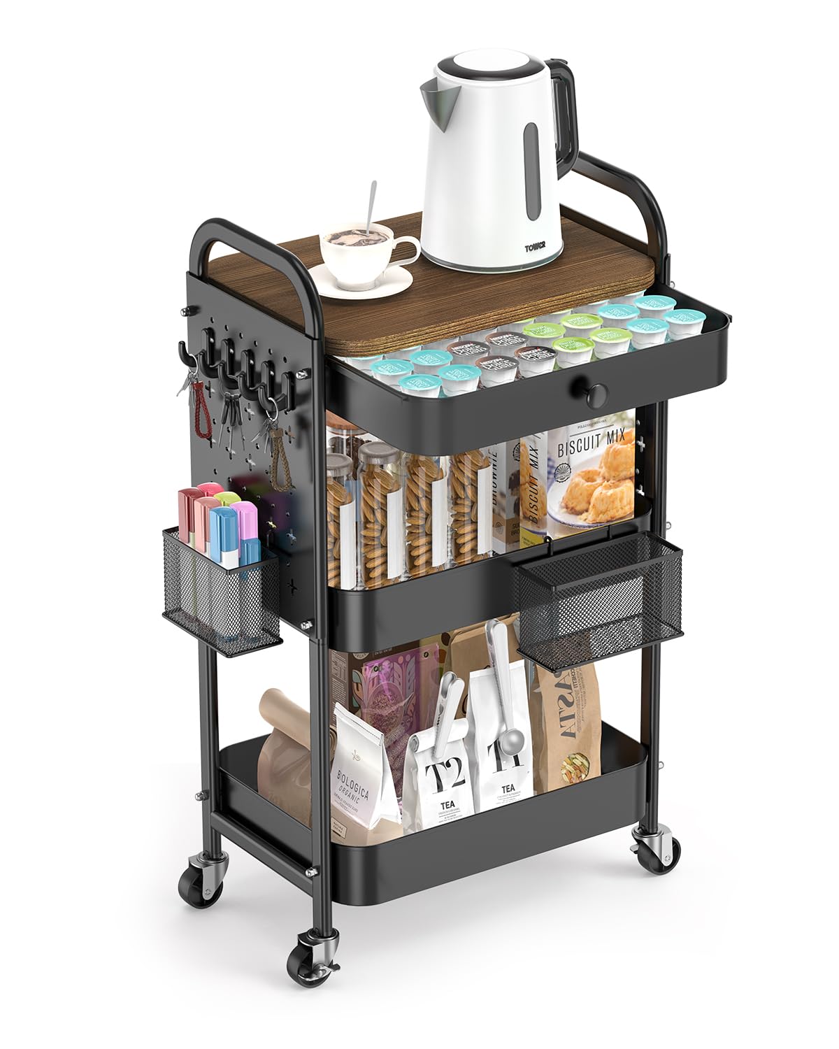 ALVOROG Rolling Cart with Drawer and Wood Table Top, 3 Tier Metal Rolling Utility Cart on Wheels with DIY Pegboards, Hanging Baskets, Hooks for Bedroom,Office,Craft Supplies