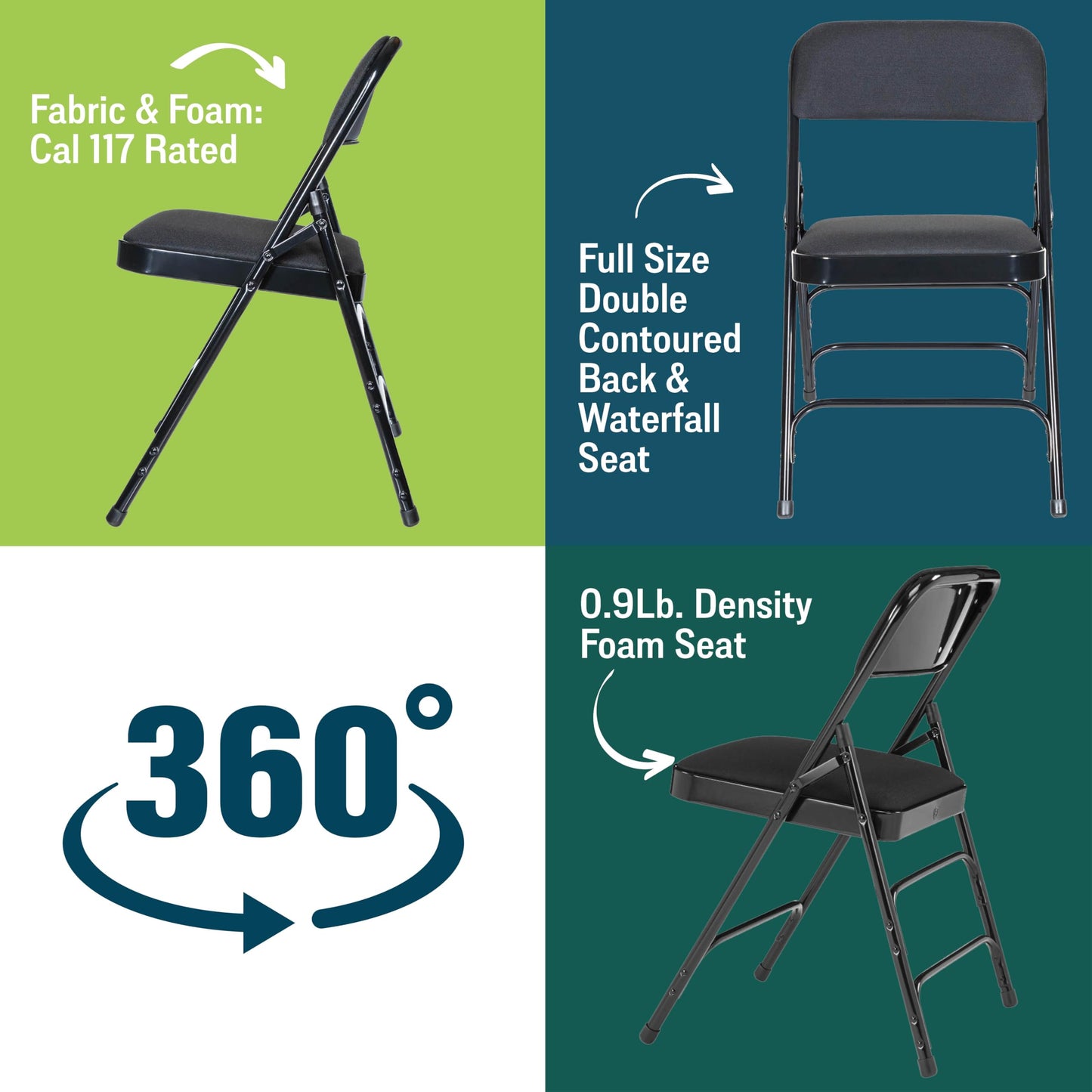 National Public Seating 2310 Fabric Padded Triple Brace Steel Folding Chair, Black (Pack of 4)