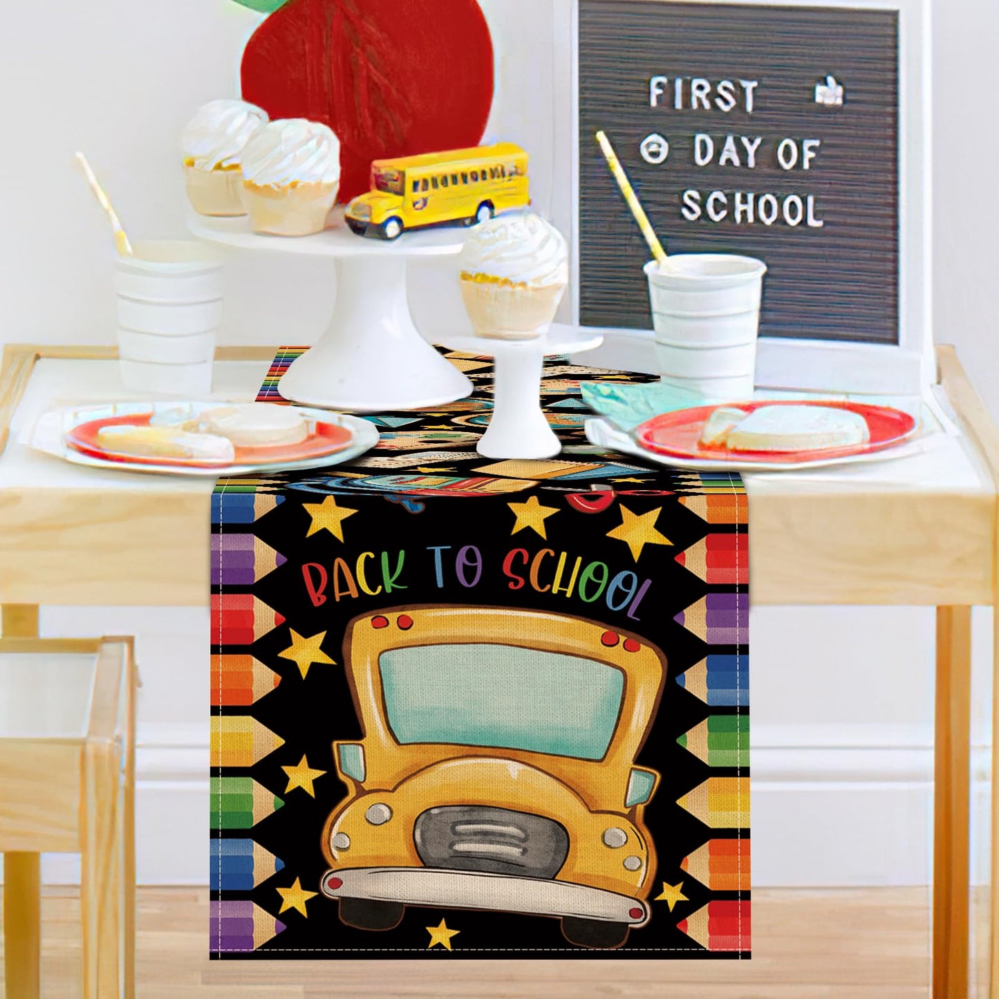Croar Back to School Bus Dining Table Runner, First Day of School Bag Book Pencil Painting Tellurion Burlap Kitchen Decoration, Classroom Indoor Outdoor Home Decor Party Supply 13 x 72 Inches