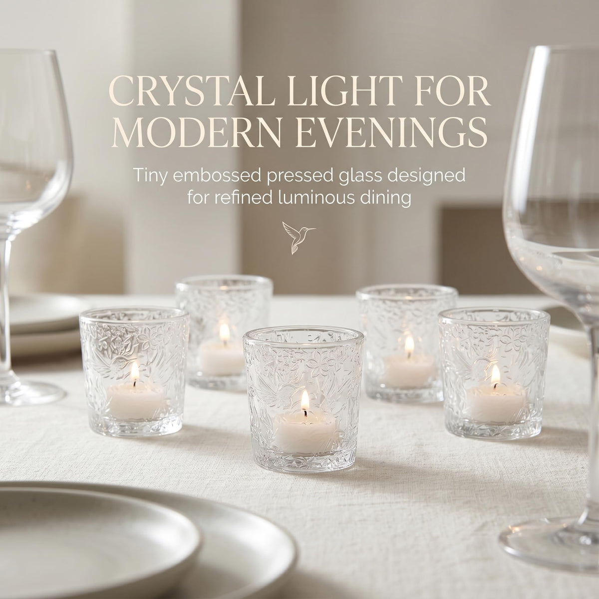 12 Pack Hummingbird Embossed Glass Candle Holders – Votive Tealight Holders with Patent Design, Decorative Embossed Glass Cups for Wedding Centerpieces, Parties, and Home Décor (Crystal Clear)