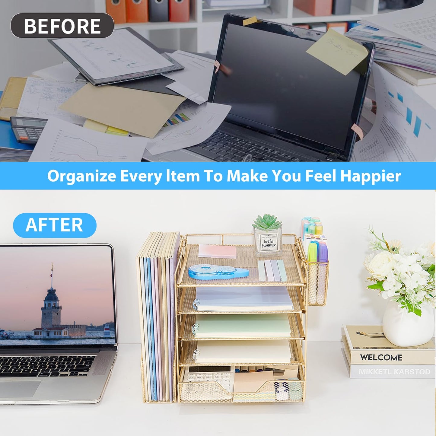 Gugsey Desk Organizers and Accessories, 5-Tier Paper Letter Tray Organizer with File Holder, Drawer & Pen Holder, Office Desk Accessories, Desktop Organizer for Classroom Office Supplies, Gold