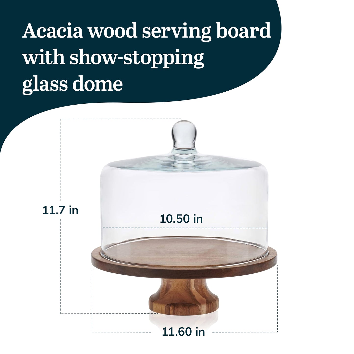 Libbey Acacia Wood Cake Stand with Lid, Footed Cake Stand With Cover, Durable Ball Top Handle Glass Dessert Dome