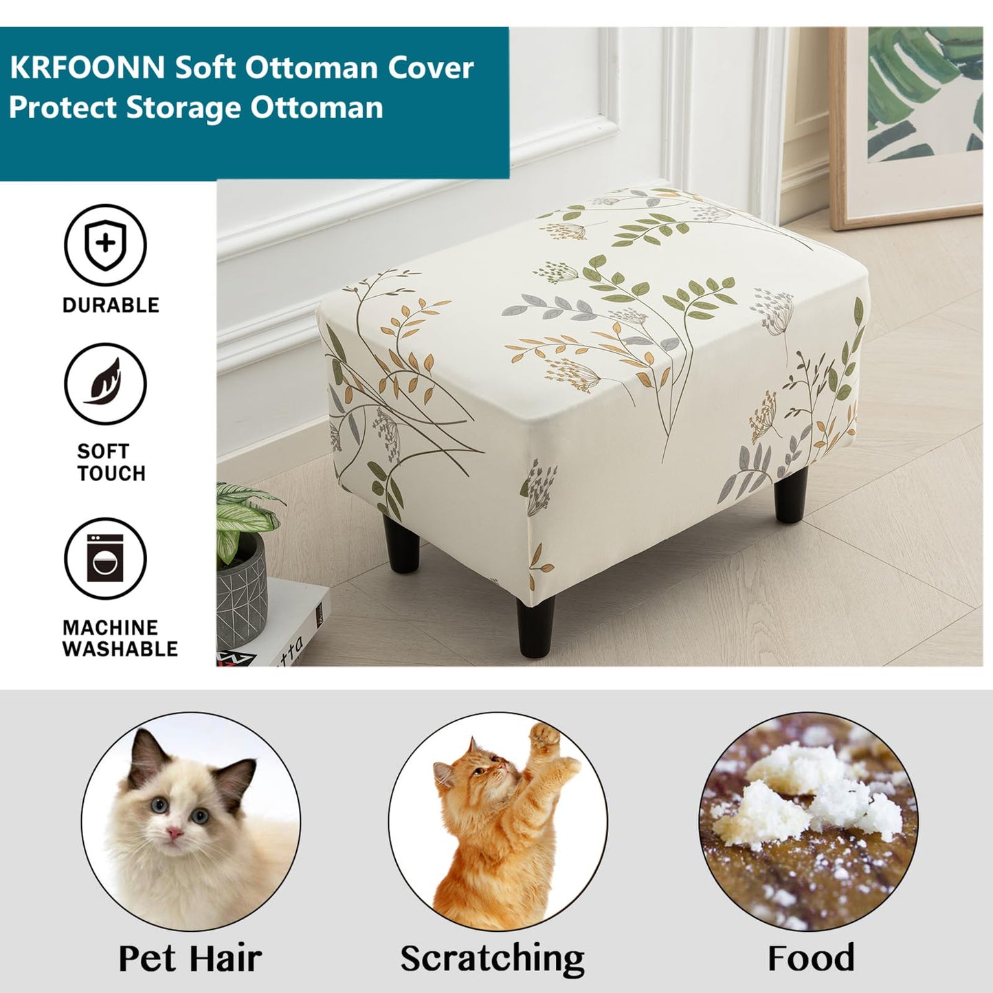 KRFOONN Ottoman Slipcovers Stretch Ottoman Cover Rectangular Footrest Sofa Slipcovers Stool Cover Printed Storage Footrest Stool Covers Furniture Protector with Non Slip Elastic Bottom (T1, X-Large)