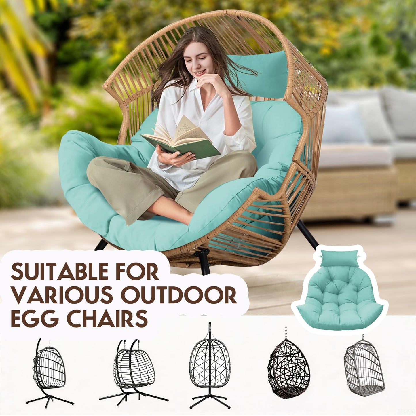 Tycdiose Outdoor Hanging Egg Chair Cushion Replacement, Thicken Egg Chair Cushion Waterproof Basket Eggs Chairs Cushion with Headrest Pillow, U-Shaped Cushions for Hanging Eggs Chairs Swing (Teal)