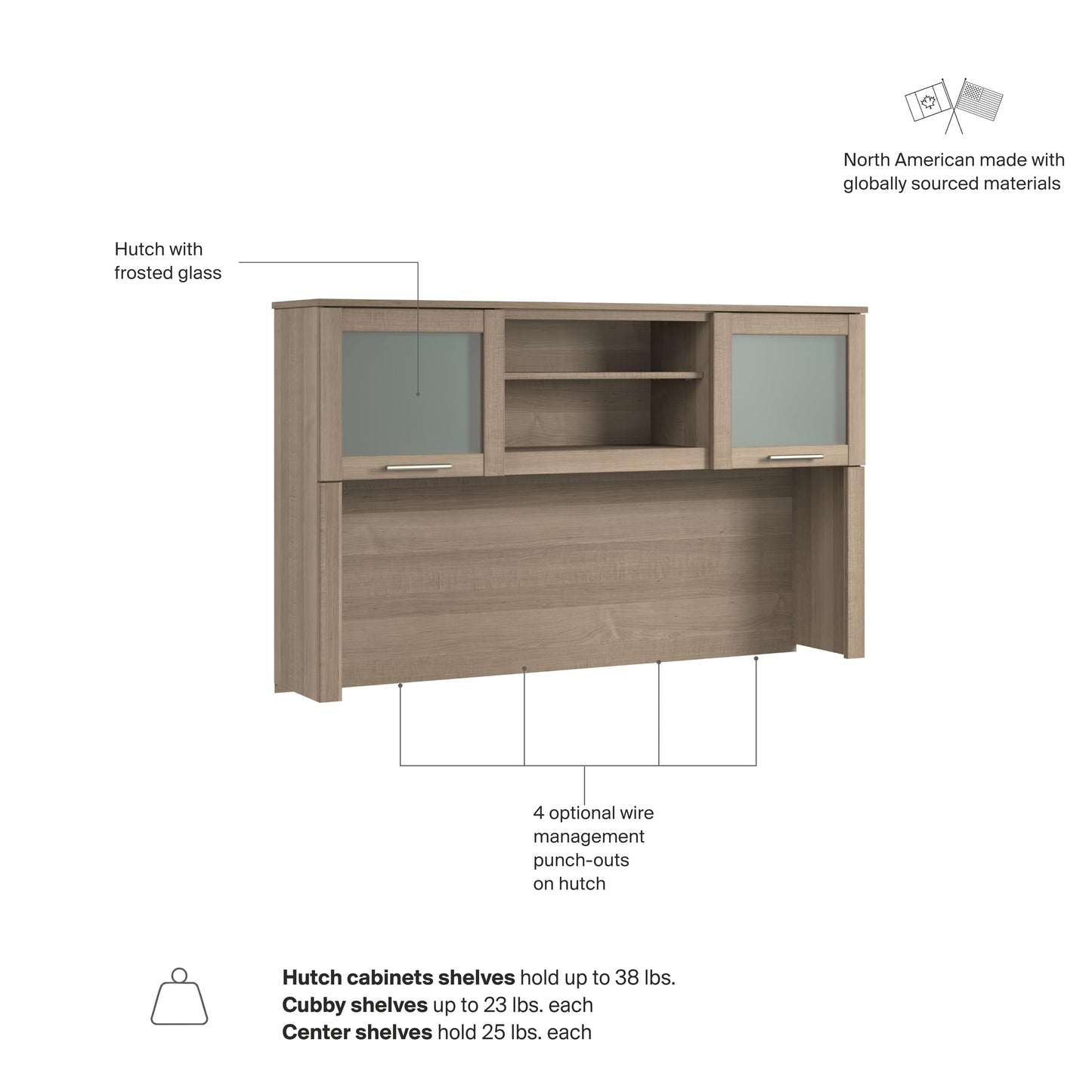 Bush Home 60-Inch Desk Hutch, Office Storage Organizer with Shelves, Cubbies and Frosted Glass Doors for Computer Desk, Home Office Furniture, Somerset Collection, Ash Gray