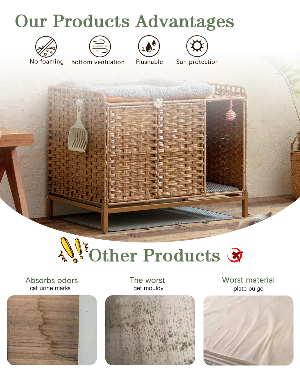 SETVSON Cat Litter Box Enclosure Furniture with Divider, Handwoven Rattan Litter Box with Mat, 31.2 x 19.6 x 24.2 Inches, Metal Heightened Feet, Hidden Cat House for Living Room, Bedroom (Natural)