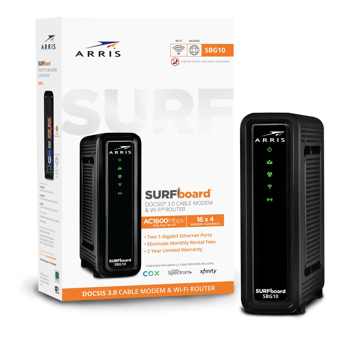 ARRIS (SBG10-RB) - Modem Router Combo - DOCSIS 3.0 16 x 4 Gigabit & AC1600 WiFi, [Check with your provider for compatibility]400 Mbps Max Internet Speeds - Renewed