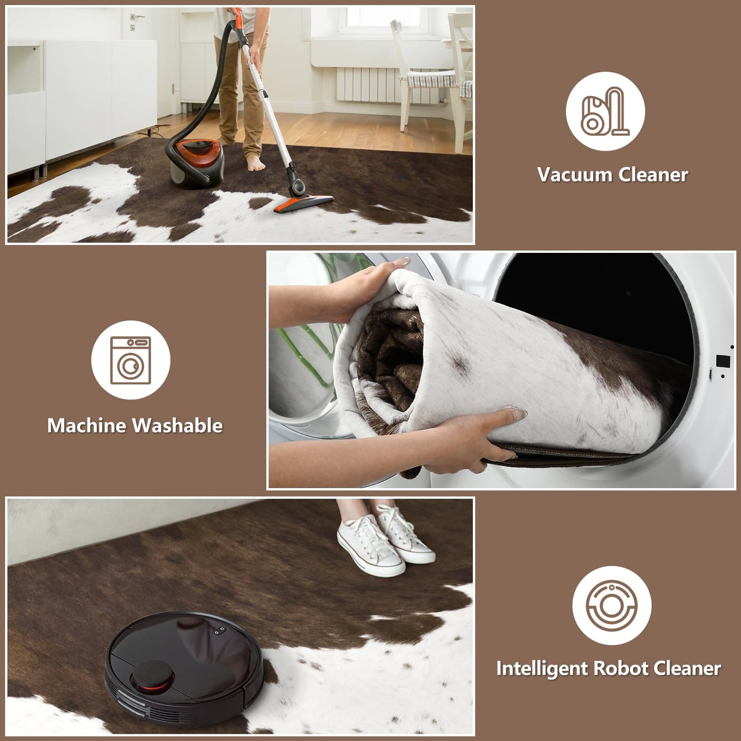 DweIke Cow Print Rug – 5x7 Faux Cowhide Carpet, Washable Soft Non-Slip Stain Resistant Animal Cow Hide Rugs for Living Room Bedroom Dining Room Office, Western Home Decor, Brown