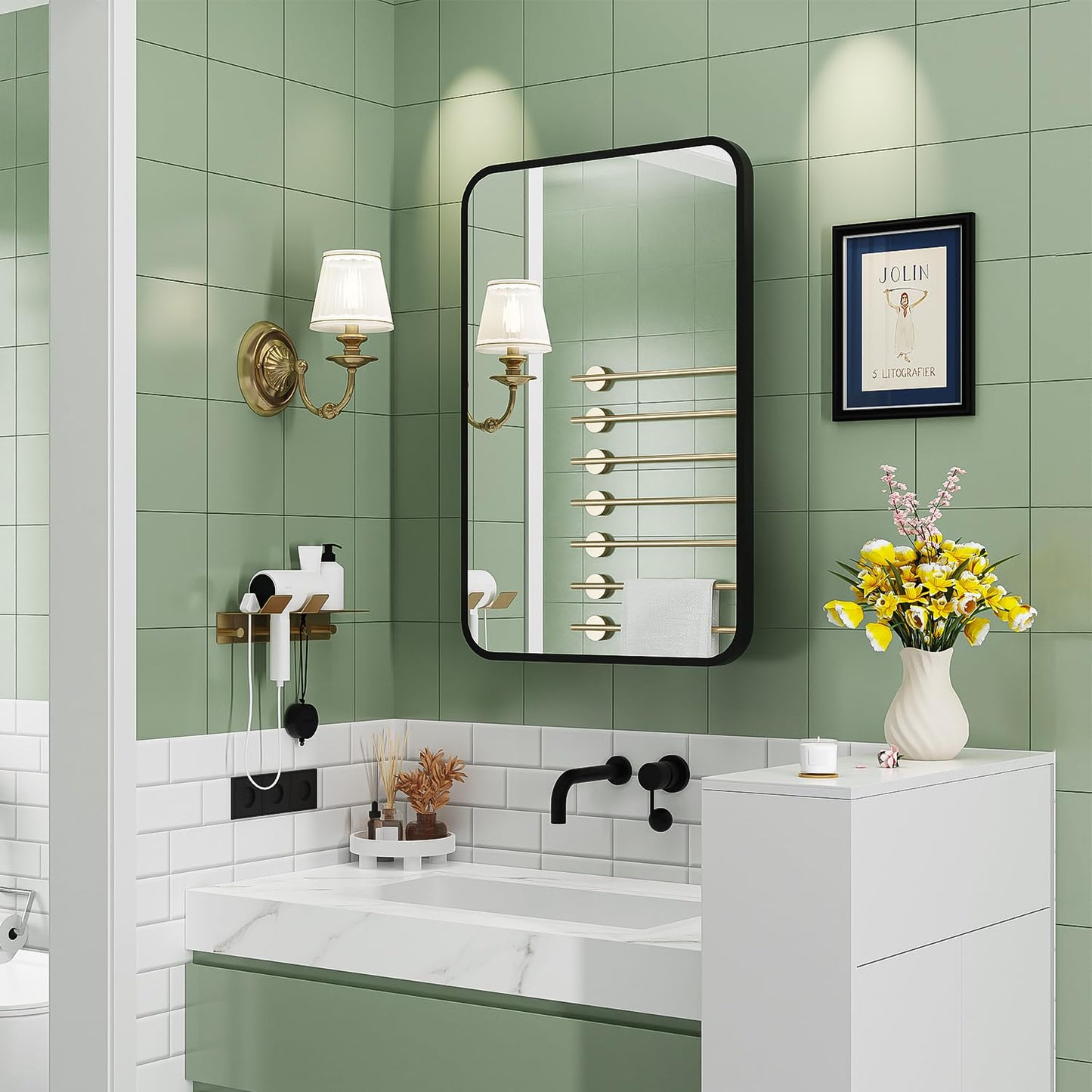 ACEMIRO 16x24 Inch Black Mirror Medicine Cabinet Metal Framed Recessed Wall Mounted Bathroom Medicine Cabinet with Mirror and Storage