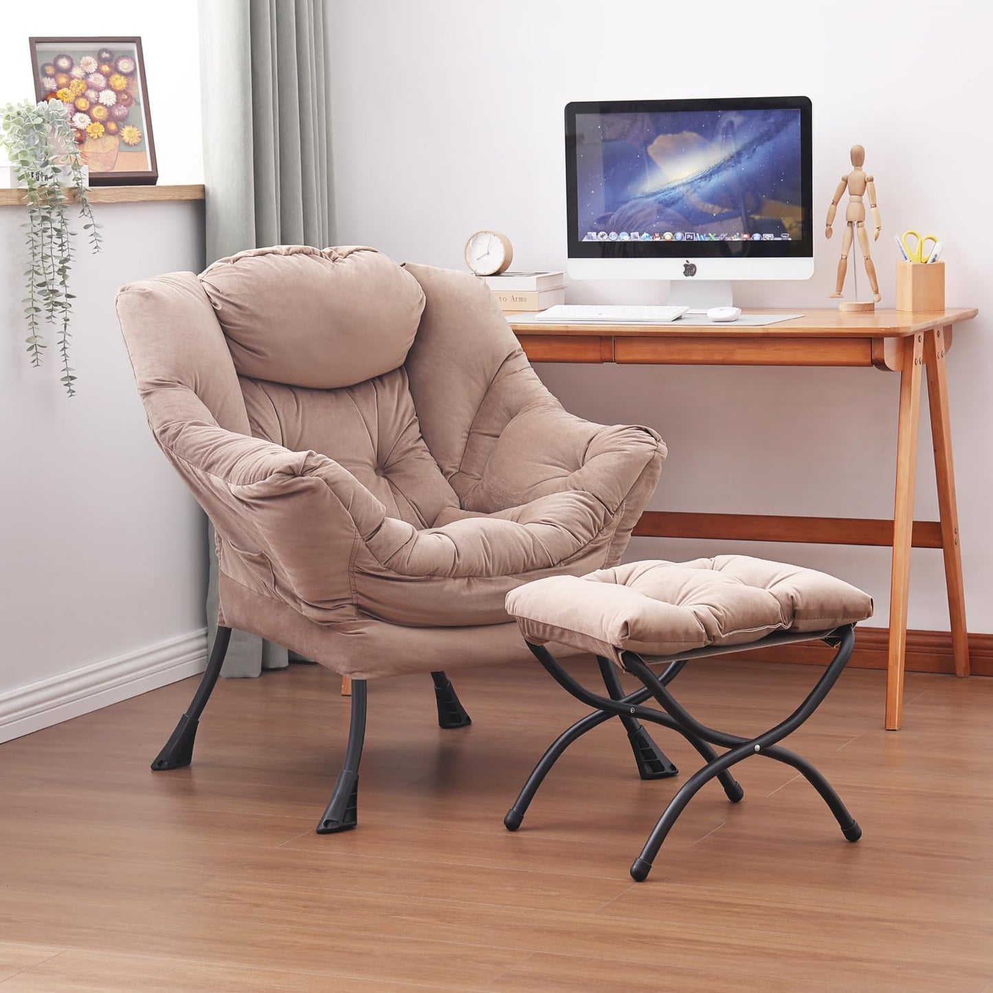 Givjoy Lazy Chair and Ottoman, Large Velvet Brown Accent Chair with a Side Pocket, Modern Leisure Upholstered Sofa Reading Armchair with Footrest for Office, Bedroom, Living Room, Dorm Rooms, Balcony