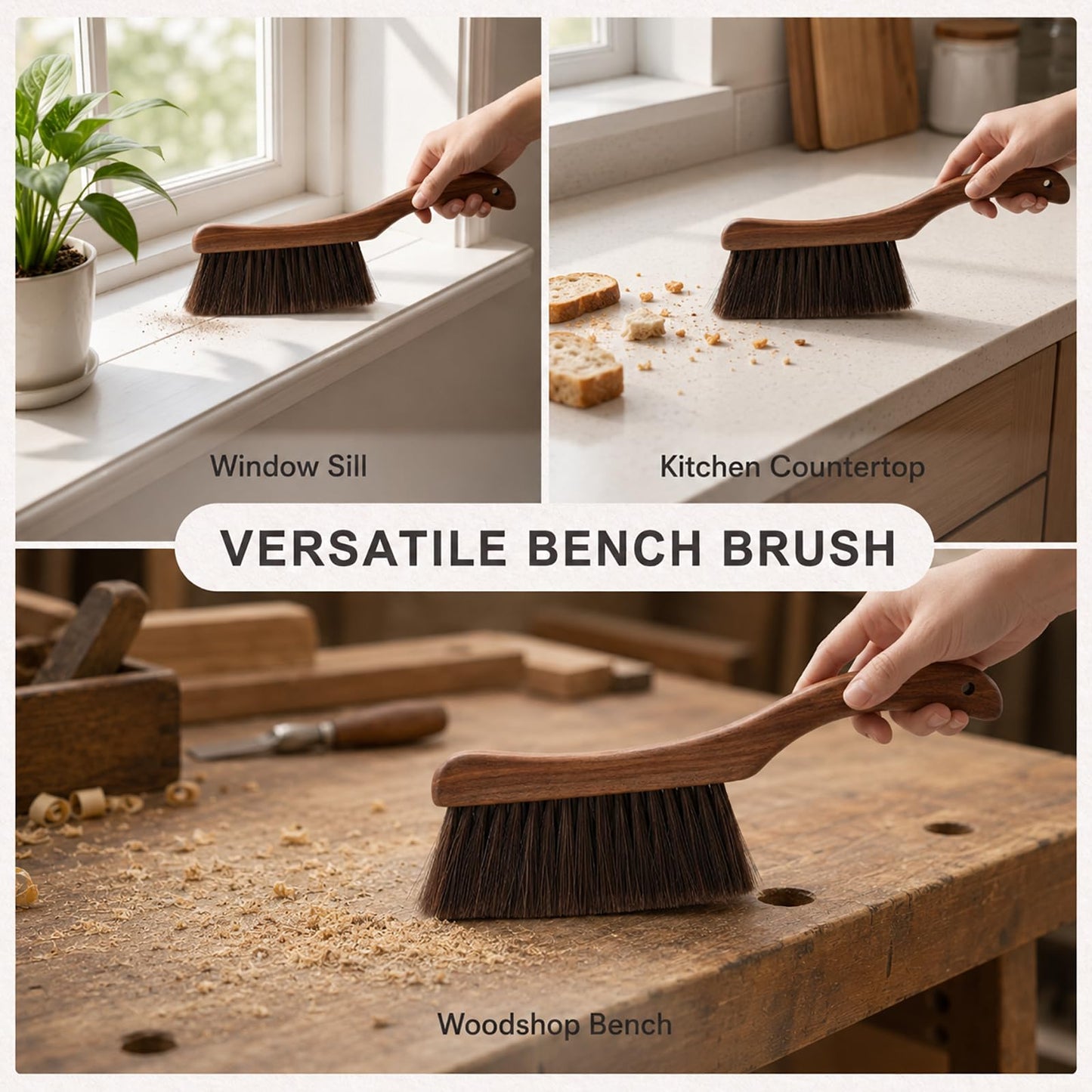Hand Broom Dust Brush, Curved Wooden Bench Brush with Balanced Firmness Bristles for Couch, Bed, Car & Desk, Foxtail Brush & Crumb Sweeper with Drawstring Bag, Lanyard & Hook